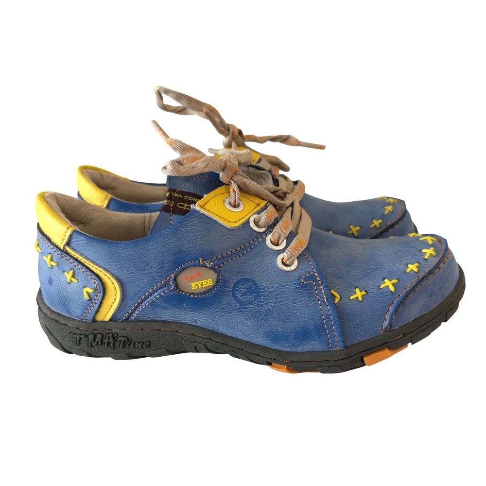 TMA Eyes Blue Yellow Leather Cross Stitch Sneakers Womens EU 40 Boho Low Shoes